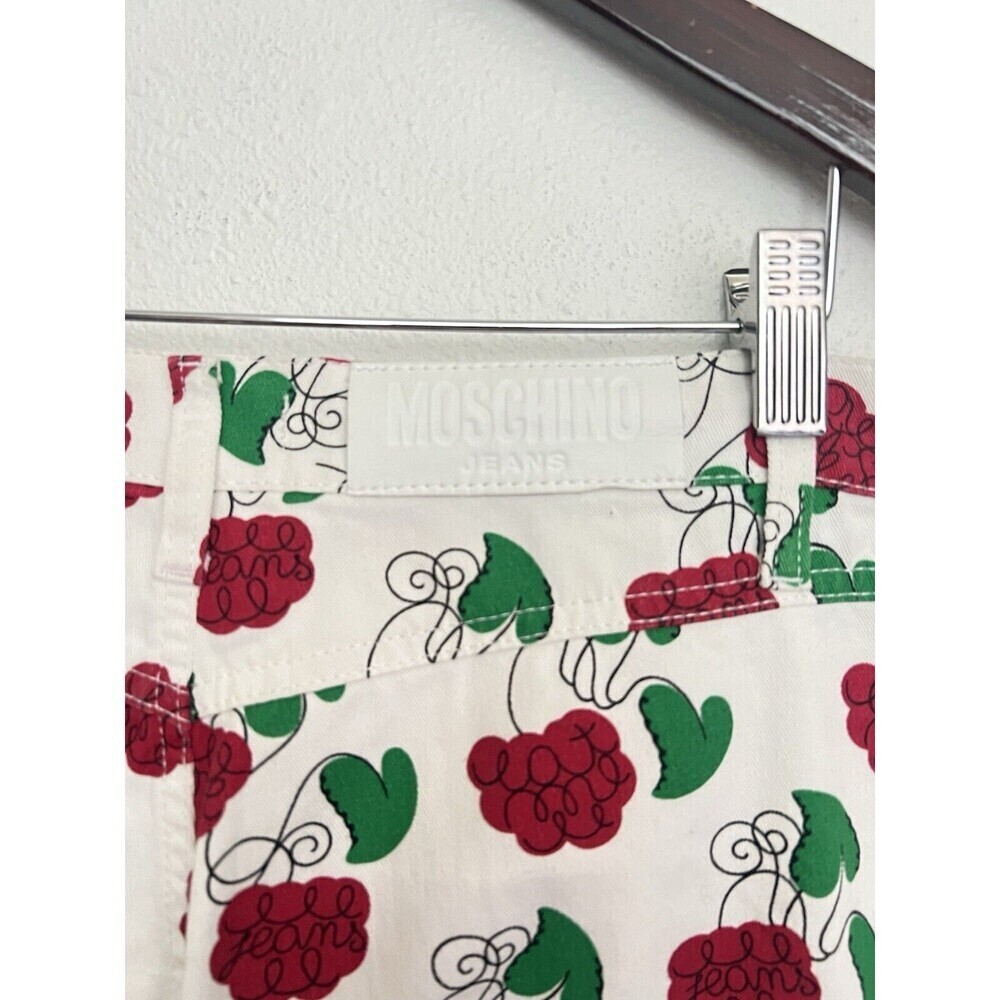 VTG 90s MOSCHINO White Flare Jeans Raspberry Leaf Print Red Green Y2K Cottage 26 - Picture 7 of 8